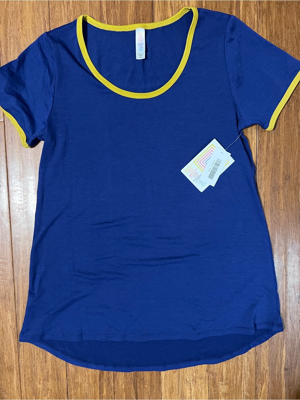 LuLaRoe Classic T Navy Short Sleeve Tee with Yellow Trim